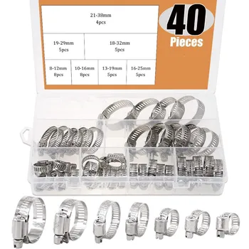 

40Pcs Adjustable 8 to 38mm Diameter Clips Worm Gear Hose Clamp Assortment Kit for Various Pipes Automotive Mechanical Use