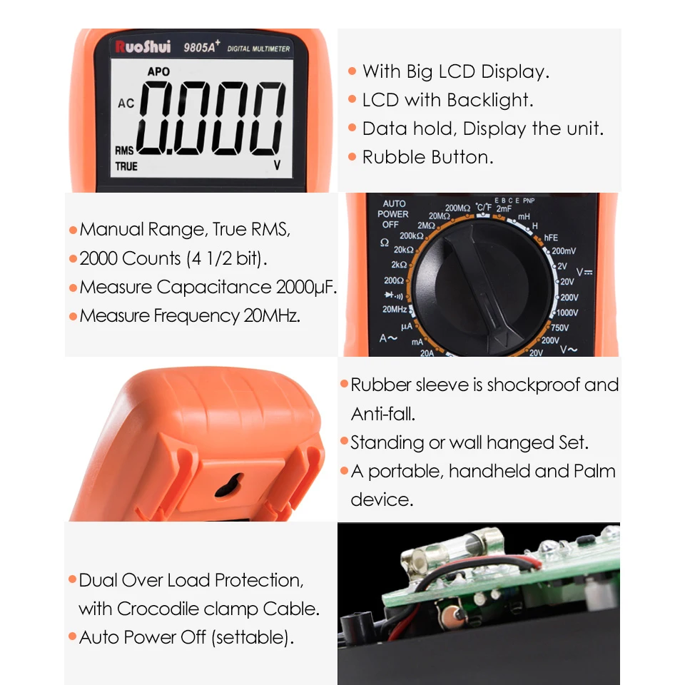Koop Ruoshui 9805A + True Rms Tester Digitale Multimeter Professionele Ac Dc Voltmeter Ampèremeter 1000V20A Capaciteit Frequentie Weerstand