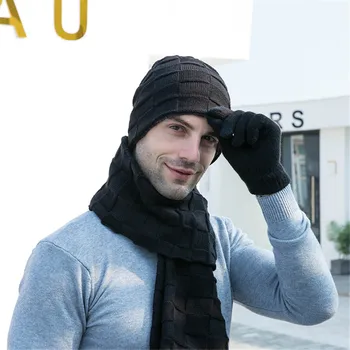 

Winter Men Hat Scarf Gloves Set 3 Pieces Outdoor Knitted Hat Long Scarf Gloves Set Warm Thick Men Ski Hat Scarf Gloves Set