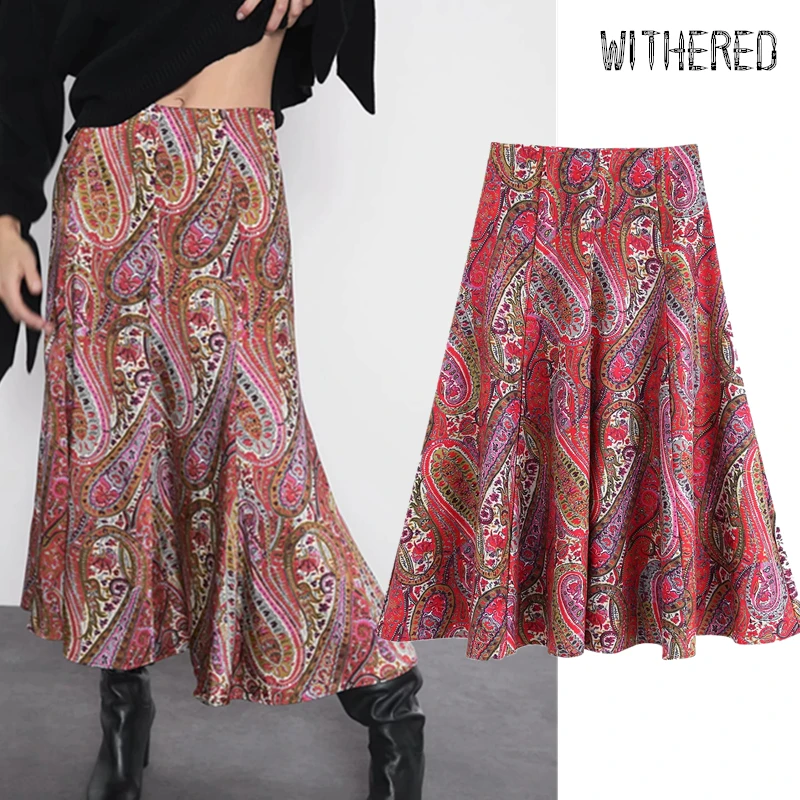 

Withered autumn midi skirt women england elegant vintage Paisley printing loose faldas mujer moda 2019 maxi long skirts womens