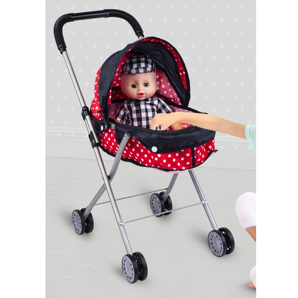 Lightweight Plastic 4-Wheels Dotted Baby Doll Stroller w/ Light Pretend Toys