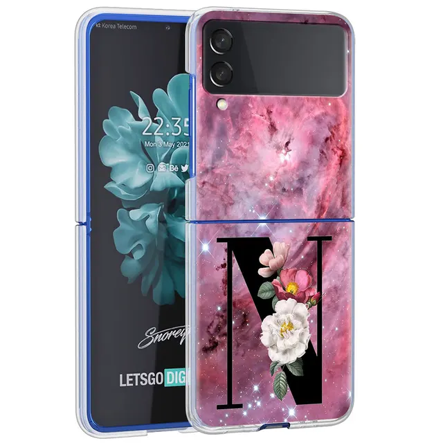 Letter A B Flowers Pink Case For Samsung Galaxy Z Flip 3 5G Transparent Hard Cell Phone Cover ZFlip3 Clear PC Luxury Fundas H14