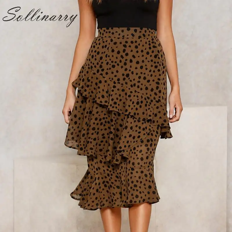 Sollinarry, леопардовые зимние юбки с высокой талией, модные женские осенние юбки с оборками, асимметричные элегантные облегающие миди юбки