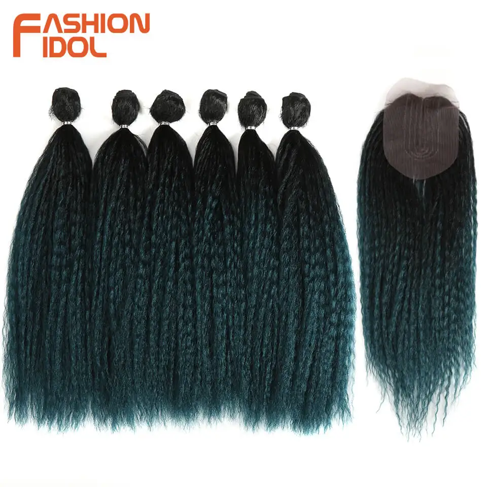FASHION IDOL Afro Kinky Straight Fake Hair Weaves For Black Women 6 Bundles With Closure Ombre Blue Synthetic Extensions | Шиньоны и