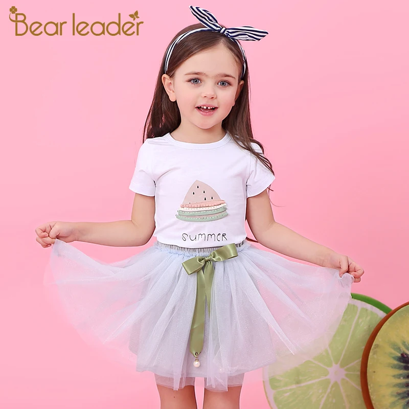 Bear leader/комплекты одежды для девочек платье принцессы футболка для девочек с героями мультфильмов, рукавами и надписью+ юбка с вышивкой с героями мультфильмов комплект из 2 предметов, платье для девочек