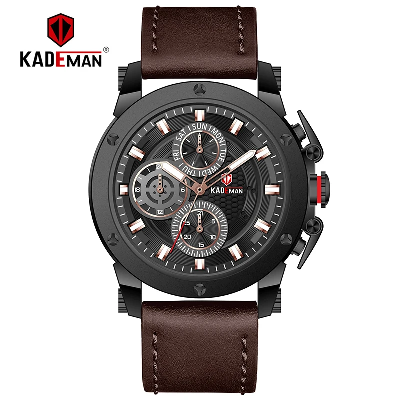 

KADEMAN Men's Business Quartz Wrist Watch 6 Hands with Function Leather Strap Top Luxury Brand Waterproof Relogio Masculino 116G
