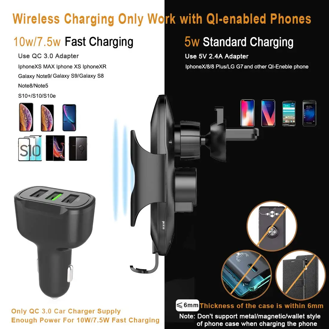 10W Wireless Car Charger Qi Fast Car Charging Dashboard Air Vent Phone Holder QC 3.0 for Samsung S10 S9 Note 9 iPhone8 Max X XR