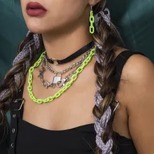 

Layered Chain Necklace Punk Geometric Lock Mix Necklace Cool Chain Fluorescent Hollow Chain Necklace Punk Maxi Collier
