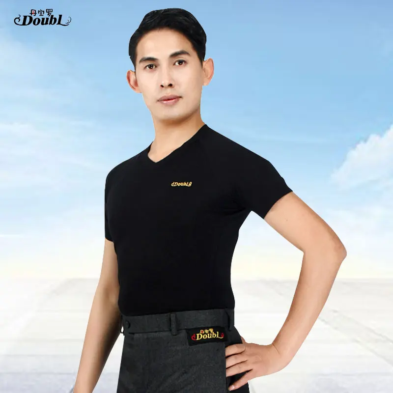 

Doubl Men's Dance Tops Costume Adult Latin T shirt V Round Neck Short Sleeve Modern Standard Black Wear Comfortable Clothing