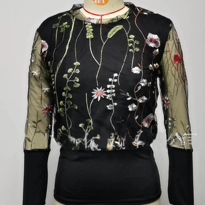 Новинка, Весенняя женская блузка с цветочной вышивкой и прозрачными сетчатыми рукавами, женские блузы, пуловеры в стиле пэчворк, элегантные сексуальные прозрачные топы - Цвет: 02 Black
