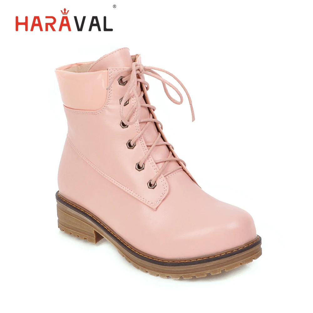 

HARAVAL Handmade Woman Classic Ankle Boot High Quality Leather Round Toe Thick Heel Shoes Fashion Lace-up Soft Solid Boots B281
