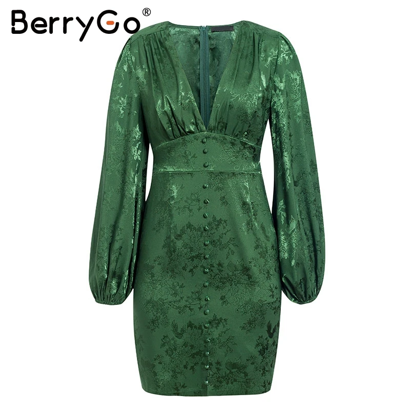 BerryGo сексуальное короткое вечернее платье с v-образным вырезом женское ТРАПЕЦИЕВИДНОЕ однобортное мини-платье Зеленая лента дамские минималистичные платья