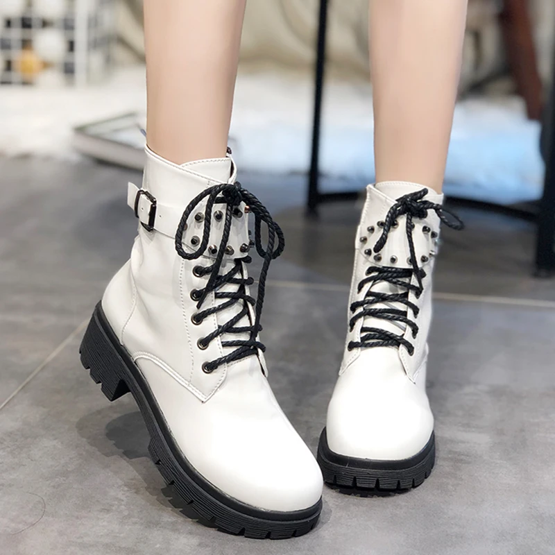 White Western Boots Cowboy Boots Women New Lace Up Leather Boots Black Ankle Boots Women Fashion Punk Combat Boots Platform