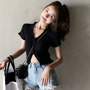 

Women V-neck T-shirt Button Ruffled Short Section Exposed Navel Knitted Short Sleeved Casual T-shirt NEW