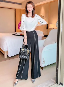 

Newest Fashion Clothing Sets 2020 Summer Women Black Button Deco White Tops+Striped Color Block Wide Leg Pants Sets Two Piece
