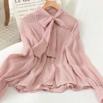 

chiffon bow neck women blouse 2020 summer new flare sleeved loose office lady elegant pulls outwear tops