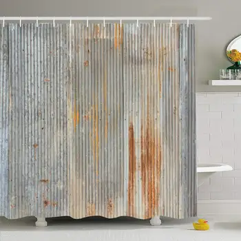 

Shower Curtain Set with Hooks 72x72 Grooves Tin Rusty Weathered Upright Looking Rough Piece Corrugated Corrupt Metal Abstract