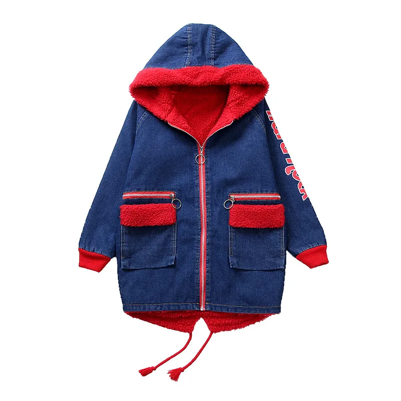 letters red fleece girls denim jacket winter thermal kids jean coat fall spring children's clothing