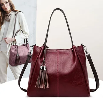 

Women tassel shoulder bag handbag Cowhide bags for women 2020 Crossbody Messenger Bag Tote pannelled luxury Famous Brand Red Bag