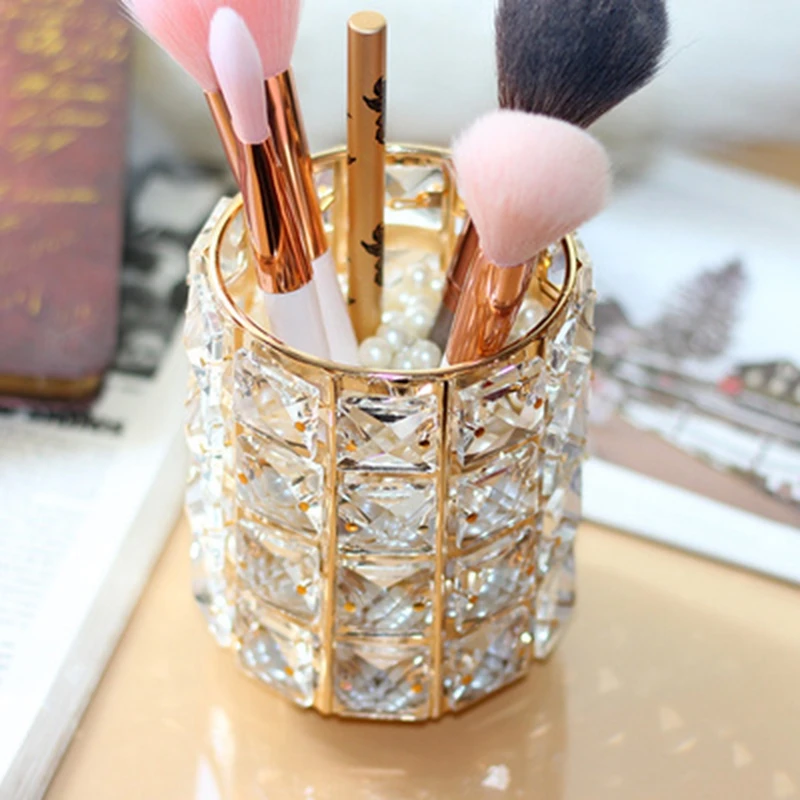 

Crystal Jewelry Makeup Organizer Crystal Eyebrow Pencil Cosmetic Brush Finishing Metal Storage Box Desktop Decoration Gift
