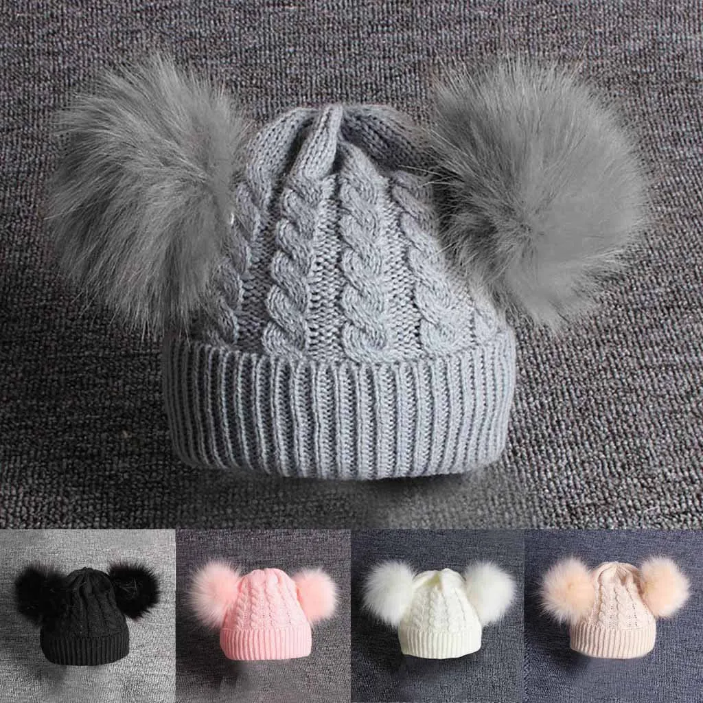 

Warm Winter Childrens Baby Hat Fur Ball Knitting Beanie Wool Hemming Pom Pom Hats Hiarball Cap For Boys Girls##