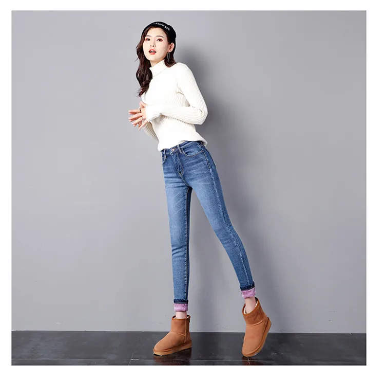 white jeans Winter Female Thick Plus Velvet Fleece Warm Women Skinny Jeans trousers High waist Stretch Denim Pencil Pants Plus size hollister jeans