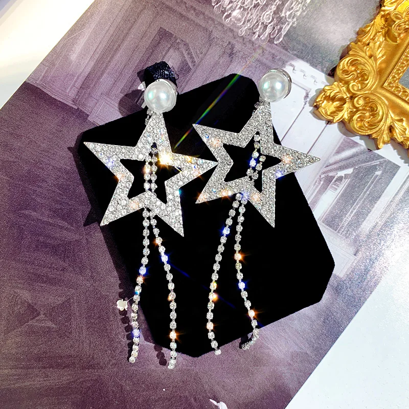 

DREJEW Big Star Silver Pearl Rhinestone Long Tassel Statement Earrings 925 Drop Earrings Sets for Women Wedding Jewelry HE1261