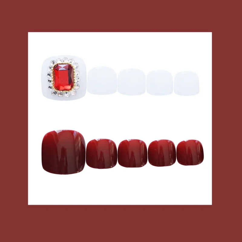 Wine Ruby Jump Nails Square Head Short Paragraph Manicure Accessorie Summer Bride's Fake Toenail Patch Nail Art