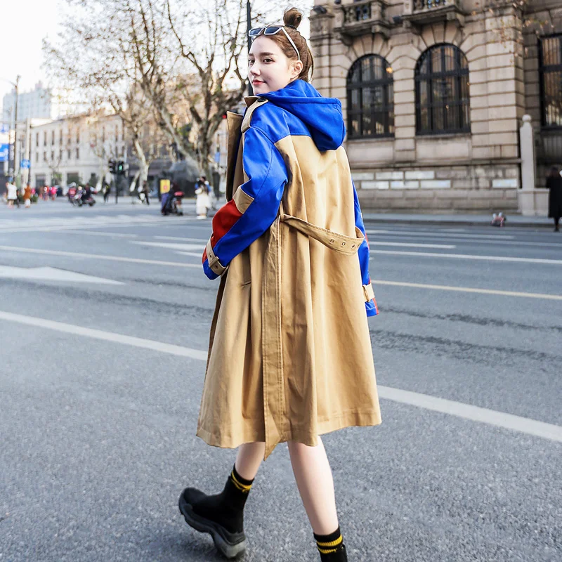 Spring Autumn Female Long Windbreaker Coats Hooded Coat Women's Trench Coat Korean Loose Large Size Ladies Outerwear YL465