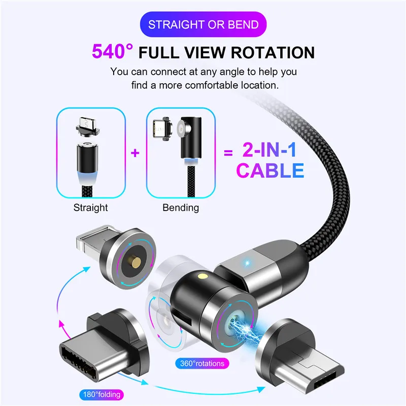 USLION 2020 Новый 540 градусов вращающийся магнитный кабель Micro USB Type C кабель Магнитный зарядный кабель для iPhone 11 Pro Max Data Line USLION 2020 Новый 540 градусов вращающийся магнитный кабель Micro USB Type C кабель Магнитный зарядный кабель для iPhone 11 Pro Max Data Line