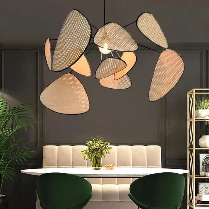 Rattan Chandelier Wicker Suspension Lamp Screen Cannage Kitchen Wood Bamboo e27 Creative Leaf Grid Hand designer lamp
