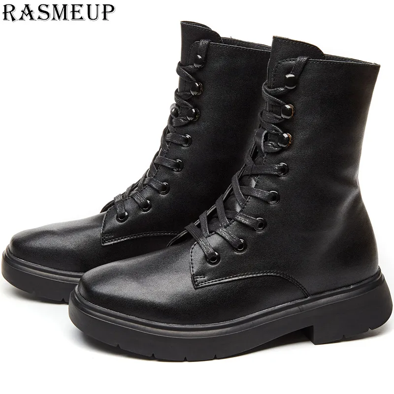 

RASMEUP Genuine Leather Winter Warm Women's Martin Boots 2019 Fashion Lace up Women Flat Short Boot Casual Style Ladies shoes
