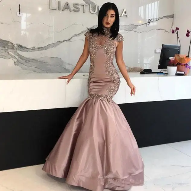 

High Neck Mermaid Long Evening Dress Short Capped Sleeves Floor-Length Custom Made Prom Gown 2018 lace appliques Mother dresses