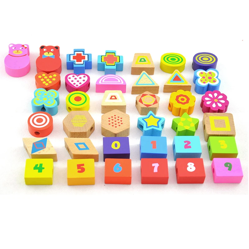 Baby Wooden Beads Toys Set DIY Shape Digital Beading Toy Kids Stringing Threading Beads Game Montessori Toys Early Education