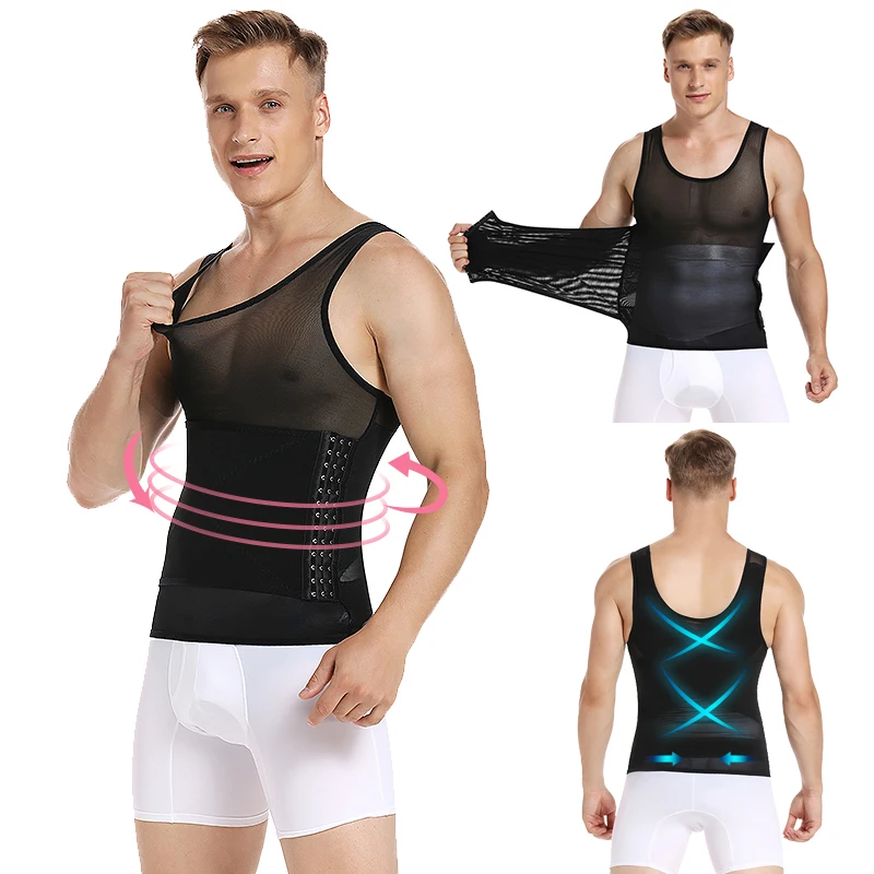 

Men Compression Seamless Slimming Vest Waist Trainer Plus Size Black White Gauze Tank Top Control Tummy Gynecomastia Man Boobs