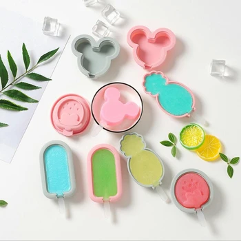 

Reusable Ice Cream Mould Ice Lolly Silicone Mold with Stick Cube Tray Lid Popsicle DIY Dessert Cookies Cartoon Mouse Butterfly