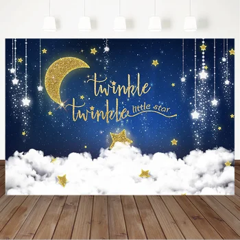 

Twinkling Sstars Background for Photography Baby Shower Backdrop Golden Glitter Moon and White Clounds Birthday Photo Background