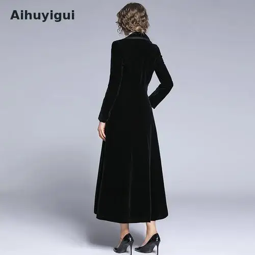 Aihuyigui зимнее черное бархатное пальто Женская Длинная Верхняя одежда на одной пуговице зубчатые тонкие ветровки Макси плащ Dr637