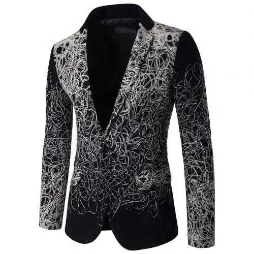 Черный Повседневная мужская деловая одежда куртка градиентный принт с длинным рукавом лацкан Блейзер Тонкий однобортный теплый пиджак куртка мужская - Цвет: Черный