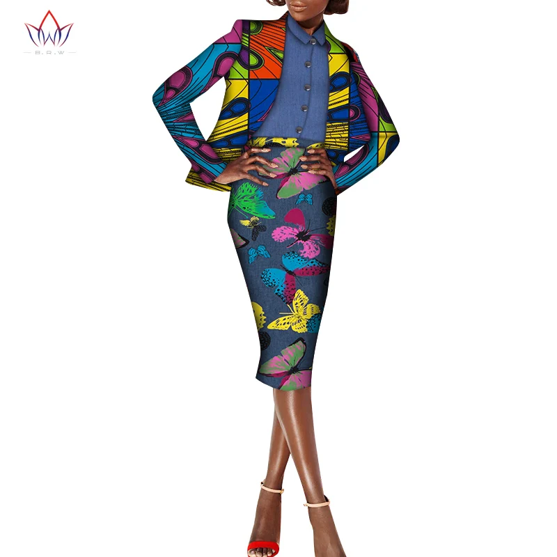 

3pcs Set African Print Tops and Skirt Sets for Women Bazin Riche African Clothing Customize Jackaet Shirt Skirts Sets WY6048