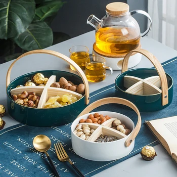 

Nordic Ceramic Separated Fruit Storage Tray with Bamboo Handle Living Room Candy Snack Plate Kitchen Dinner Dish Home Decoration
