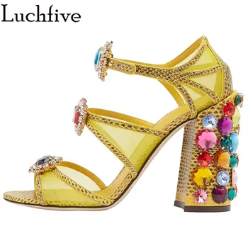 

Luxury Jeweled Bowknot Sandals Women Yellow Mesh Snake Gemstone Insert chunky High Heels Shoes Summer Formal Party Shoes Woman