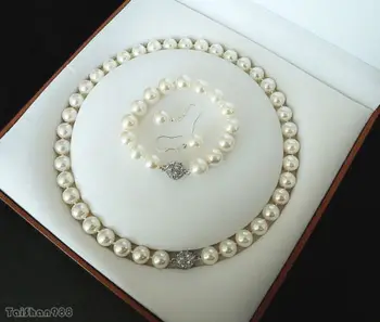 

10mm White Shell Pearl NEW Crystal Clasp Earrings Bracelet Necklace Set AAA style Fine Noble real Natural