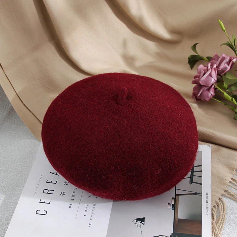 wine red Шерстяной берет, шапки для женщин, зимняя одноцветная шапка,, модный осенний зимний берет, шапка для женщин, повседневная шапка, фетровые береты - Цвет: wine red