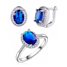 Модные свадебные ювелирные наборы для женщин, овальный синий кубический цирконий, белое золото, серьги-кольца, набор LPG6