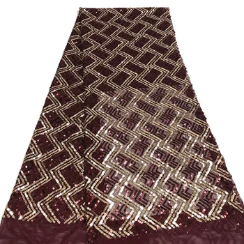 

Top selling Women Dress Fabric with sequins ARF18 good quality golden-red color pattern wholesale price French Tulle Lace Fabric