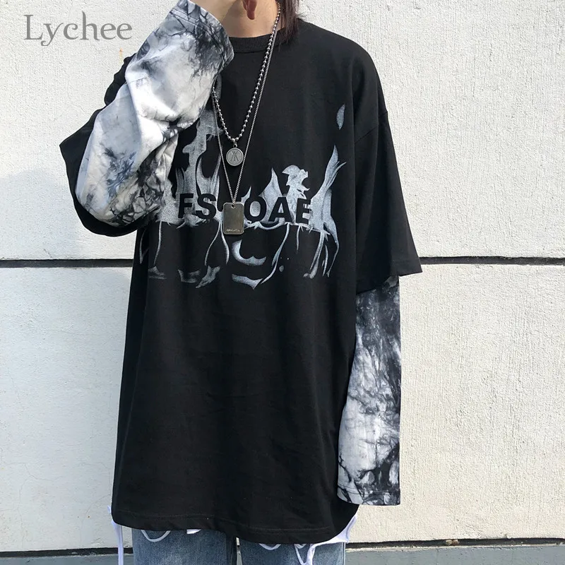 

Lychee Harajuku Patchwork Women Tracksuit Fake 2 Pieces Lady Sweatshirt Tie Dyeing Loose Hit Color Women Pullovers