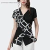 Fashionable Thin Female Shirt Spliced Printed Slim V-Neck Ladies Top Short Sleeved Temperament Elegant Women Summer Blouses New 1