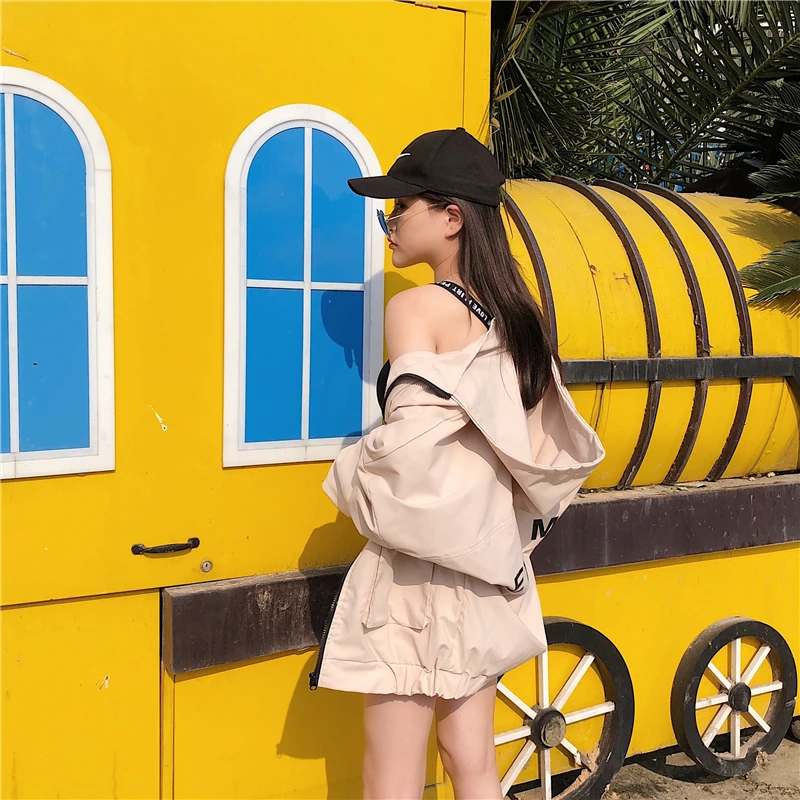 Куртка женская весна и осень Корейская версия оснастки Harajuku Свободная куртка Студенческая с капюшоном порт ветер бейсбол одежда