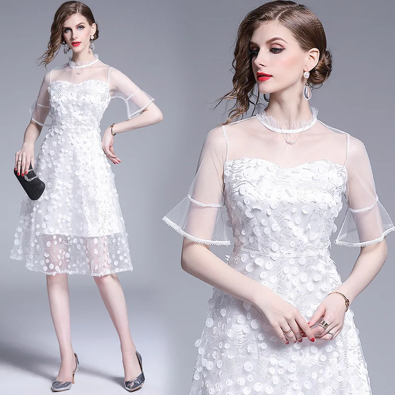 

Polka Dot Dress Women's 2019 Summer New Style Short Sleeve Gauze Waist Hugging Slimming A- line Skirt Western Style in Skirt